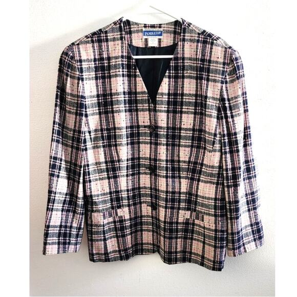 Vintage Pendleton Plaid Wool Blend Blazer Jacket Pink Blue Plus 16 - Picture 2 of 8